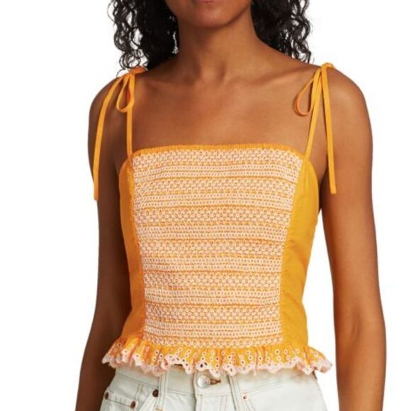 TANYA TAYLOR Randy Smocked Eyelet Top marigold orange yellow NWT - Picture 1 of 5